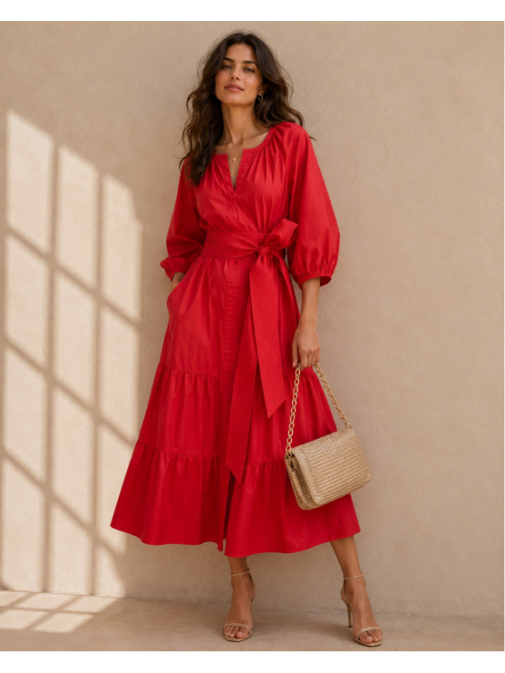 Tuckernuck Red Lyles Maxi Dress NWT Puff Sleeve Tie Waist Tiered Size S